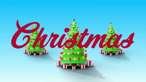 Animation-Von-Weihnachtsgrüßen-über-Weihnachtsbäumen-Auf-Blauem-Hintergrund
