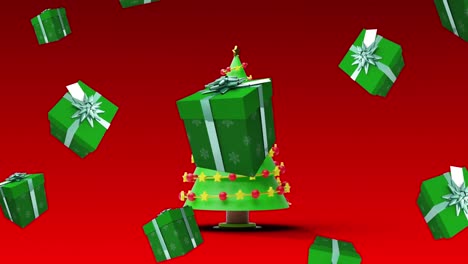 Animation-Von-Geschenken,-Die-über-Den-Weihnachtsbaum-Auf-Rotem-Hintergrund-Fallen