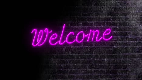 Animation-of-neon-welcome-text-over-black-brick-wall