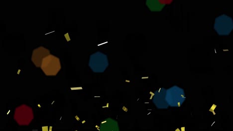 Animation-of-confetti-falling-and-christmas-fairy-lights-flickering-over-black-background