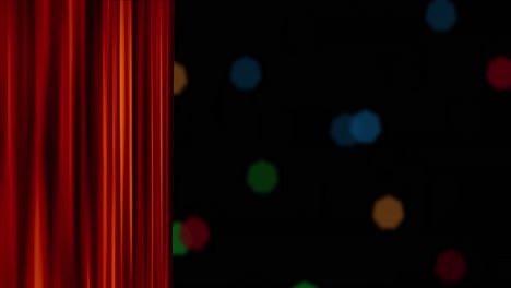 Animation-of-red-curtain-opens-and-christmas-fairy-lights-flickering-over-black-background