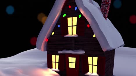 Animation-of-christmas-fairy-lights-flickering-with-house-in-winter-scenery-on-black-background