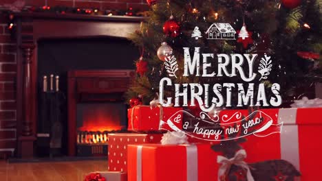 Animation-of-season's-greetings-text-over-presents,-fireplace-and-christmas-tree