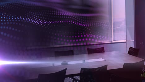 Animation-of-animation-of-purple-glowing-wave-over-office