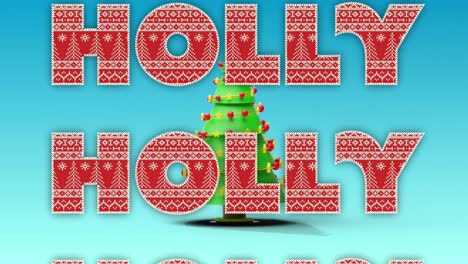 Animation-of-christmas-holly-text-over-christmas-tree-on-blue-background
