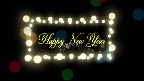 Animation-of-happy-new-year-text-in-christmas-fairy-lights-frame-on-black-background