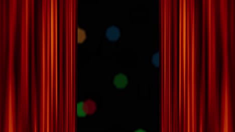 Animation-of-red-curtain-opening-and-christmas-fairy-lights-flickering-over-black-background