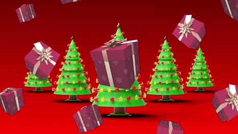 Animation-Von-Geschenken,-Die-über-Weihnachtsbäume-Auf-Rotem-Hintergrund-Fallen