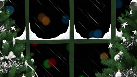 Animation-Von-Schnee,-Der-über-Weihnachtsbäume-Fällt,-Und-Lichterketten,-Die-Im-Winterfenster-Flackern