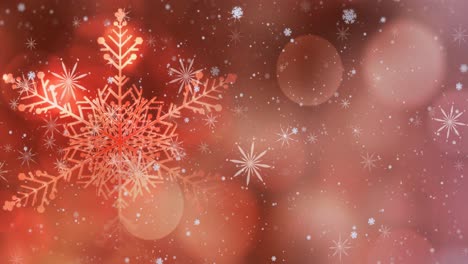 Animation-of-snow-falling-and-christmas-fairy-lights-flickering-over-red-background