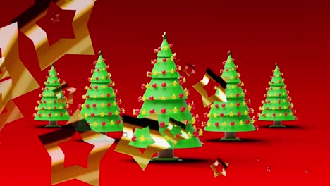 Animation-Von-Sternen,-Die-über-Weihnachtsbäume-Auf-Rotem-Hintergrund-Fallen
