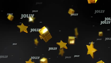 Animation-of-christmas-jolly-text-over-gold-stars-and-presents-on-black-background