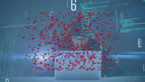 Animation-Der-Datenverarbeitung-Und-Herzen-über-Einem-Kaukasischen-Hacker,-Der-Einen-Laptop-Benutzt