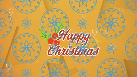 Animation-of-flowers-in-circles-over-happy-christmas-text-with-cherries-over-abstract-background