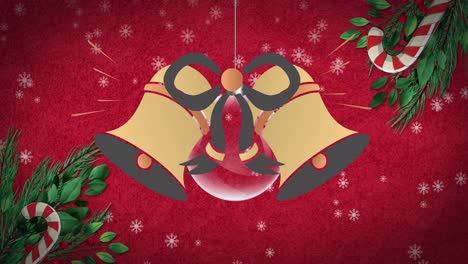 Animation-Der-Weihnachtsglockendekoration-Und-Schnee,-Der-Auf-Roten-Hintergrund-Fällt