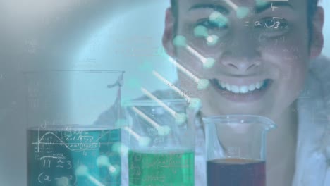Animation-of-dna-helix,-equations-over-liquid-in-beakers-and-smiling-female-caucasian-scientist