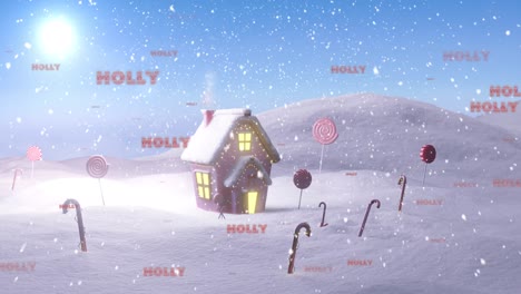 Animation-of-christmas-greetings-text-over-candy-canes,-snow-and-house-in-winter-scenery