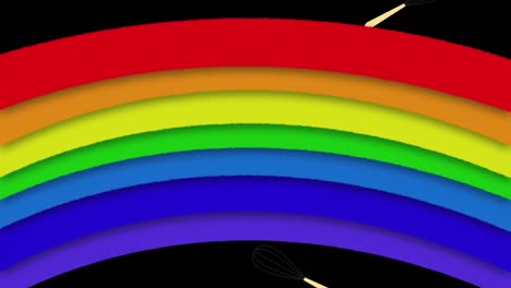 Animation-of-moving-rainbow-over-falling-whisks-against-black-background