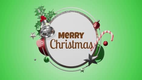 Animation-of-christmas-greetings-text-in-frame-with-decoration-on-green-background