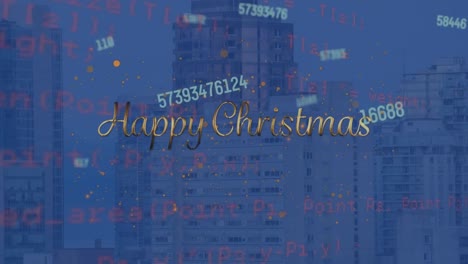 Animation-of-data-processing-and-happy-christmas-text-over-cityscape