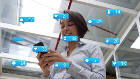 Animation-of-social-media-icons-with-growing-numbers-over-biracial-businesswoman-using-smartphone