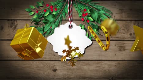 Animation-of-christmas-tag,-presents,-snowflakes-and-decoration-on-wooden-background