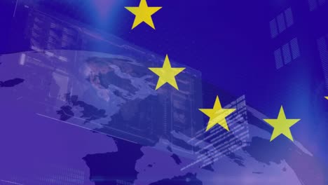 Animation-Der-EU-Flagge-über-Datenverarbeitung-Und-Globus