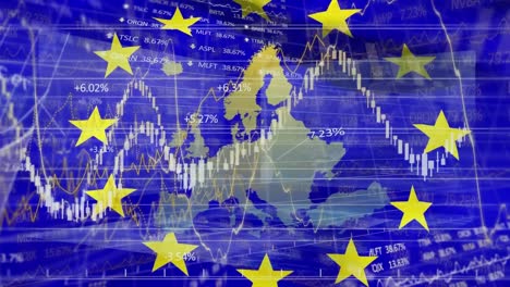 Animación-De-La-Bandera-De-La-UE-Sobre-Procesamiento-De-Datos-Y-Mapa-De-Europa.