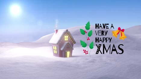 Animation-Von-Weihnachtsgrüßen-über-Schnee-Und-Haus-In-Winterlandschaft