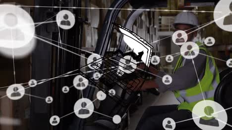 Animation-of-vector-graph-and-laptop,-connected-icons-over-african-american-man-driving-forklift