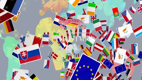 Animation-of-merry-christmas-text-with-bells-over-multiple-national-flags-against-world-map