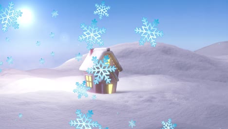 Animation-of-snow-falling-and-house-in-winter-scenery