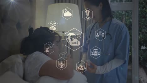 Animation-of-icon-in-hexagons-rotating-over-female-asian-doctor-helping-patient-in-drinking-water