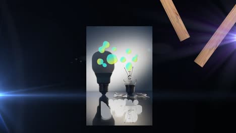 Animation-Von-Lichtspuren-über-Formen-Und-Glühbirne-Auf-Schwarzem-Hintergrund