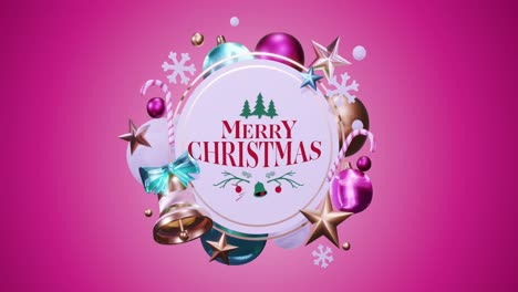 Animation-of-christmas-greetings-text-in-frame-with-decoration-on-pink-background