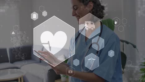 Animation-of-icon-in-hexagons-over-smiling-female-caucasian-doctor-using-digital-tablet-in-hospital