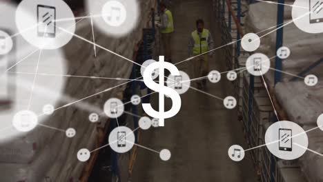 Animation-of-dollar-symbol,-connected-icons-over-high-angle-view-of-diverse-workers-in-warehouse