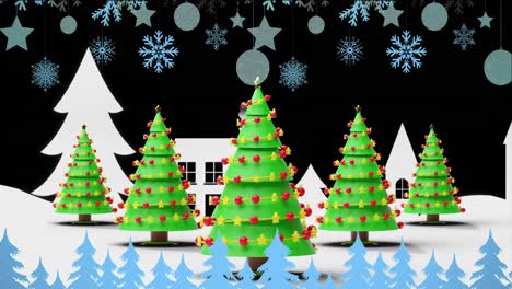 Animación-De-árboles-De-Navidad-Girando,-Casas-Y-Adornos-Blancos-Sobre-Fondo-Azul.