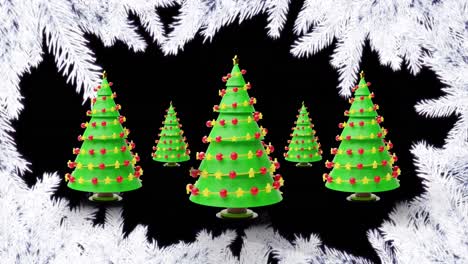 Animation-Von-Sich-Drehenden-Weihnachtsbäumen-Und-Weißen-Tannenzweigen-Auf-Blauem-Hintergrund