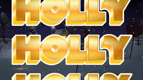 Animation-of-christmas-holly-text-over-candy-canes,-snow-and-house-in-winter-scenery