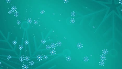 Animation-of-snowflakes-moving-on-green-background