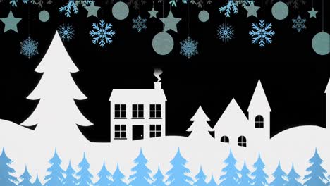 Animation-of-christmas-winter-scenery-with-houses-and-decorations-on-blue-background