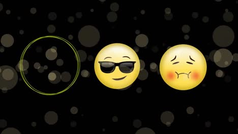 Animation-Von-Emoji-Symbolen-über-Flecken-Auf-Schwarzem-Hintergrund
