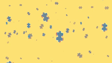 Eine-Digitale-Animation-Von-Puzzleteilen,-Die-Auf-Einen-Gelben-Hintergrund-Fallen,-Mit-Einem-Schwarzen-Puzzle-Symbol-Darin