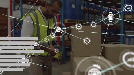 Animation-of-bars,-connected-icons-over-caucasian-worker-scanning-boxes-using-scanner-in-warehouse
