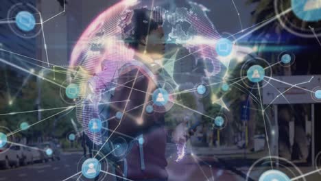 Animation-of-network-of-connections-with-globe-over-african-american-man-using-smartphone