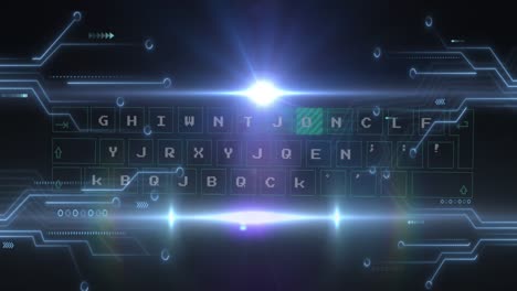 Animation-of-lens-flare,-abstract-pattern-moving-over-keyboard-and-circuit-board-texture