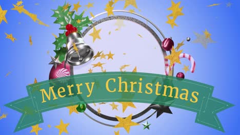 Animation-of-christmas-greetings-text-and-circle-with-decoration-on-blue-background