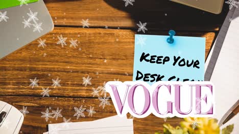Animation-of-vogue-and-keep-your-desk-clean-text-on-sticky-note-over-school-supplies-on-table