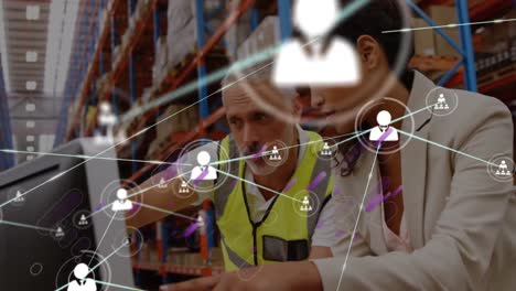 Animation-of-network-of-connections-over-two-diverse-warehouse-worker